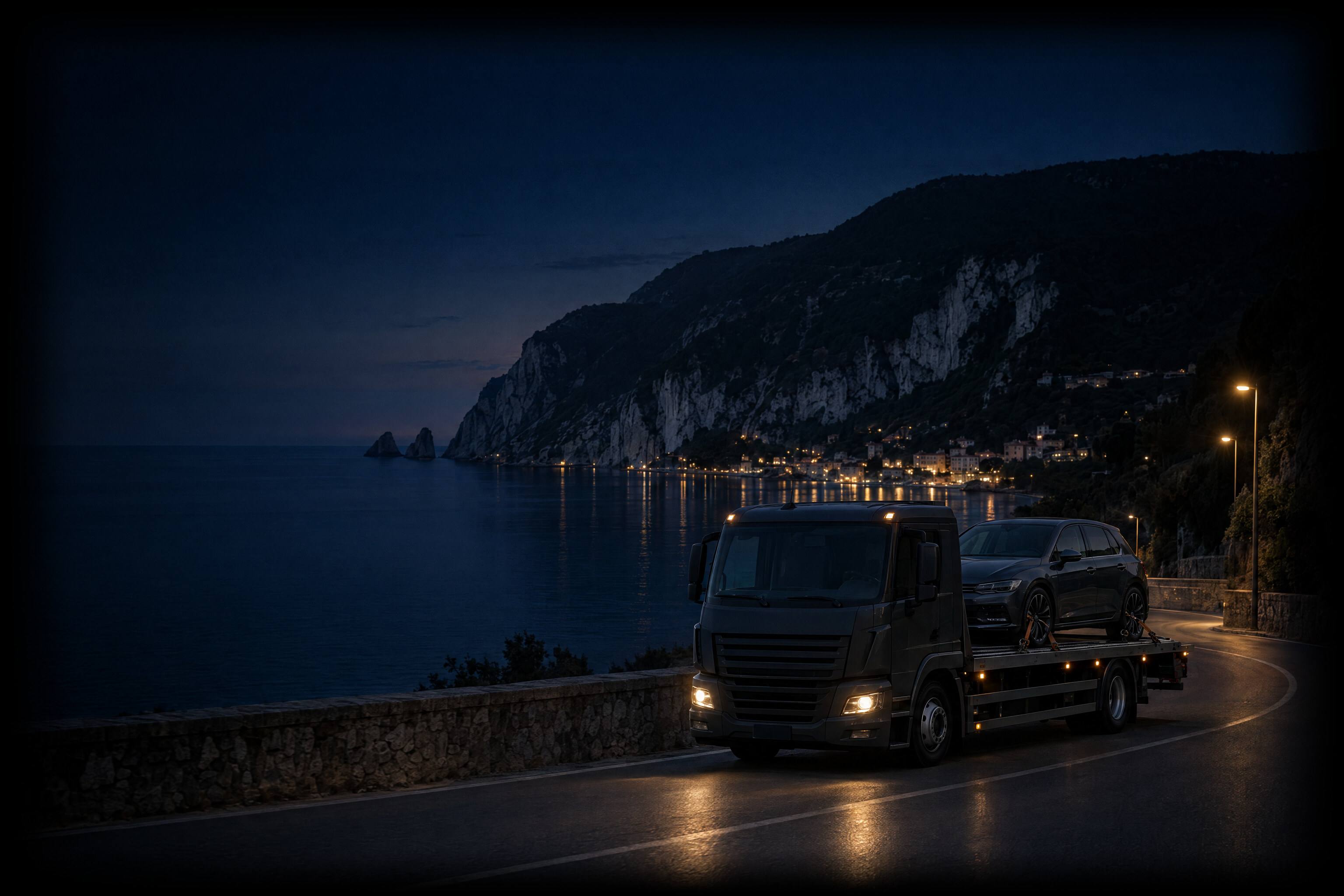 Immagine generata con intelligenza artificiale: carro attrezzi con un'auto caricata su una strada costiera della Riviera del Conero all'ora blu, con le Due Sorelle e un paese illuminato sullo sfondo.