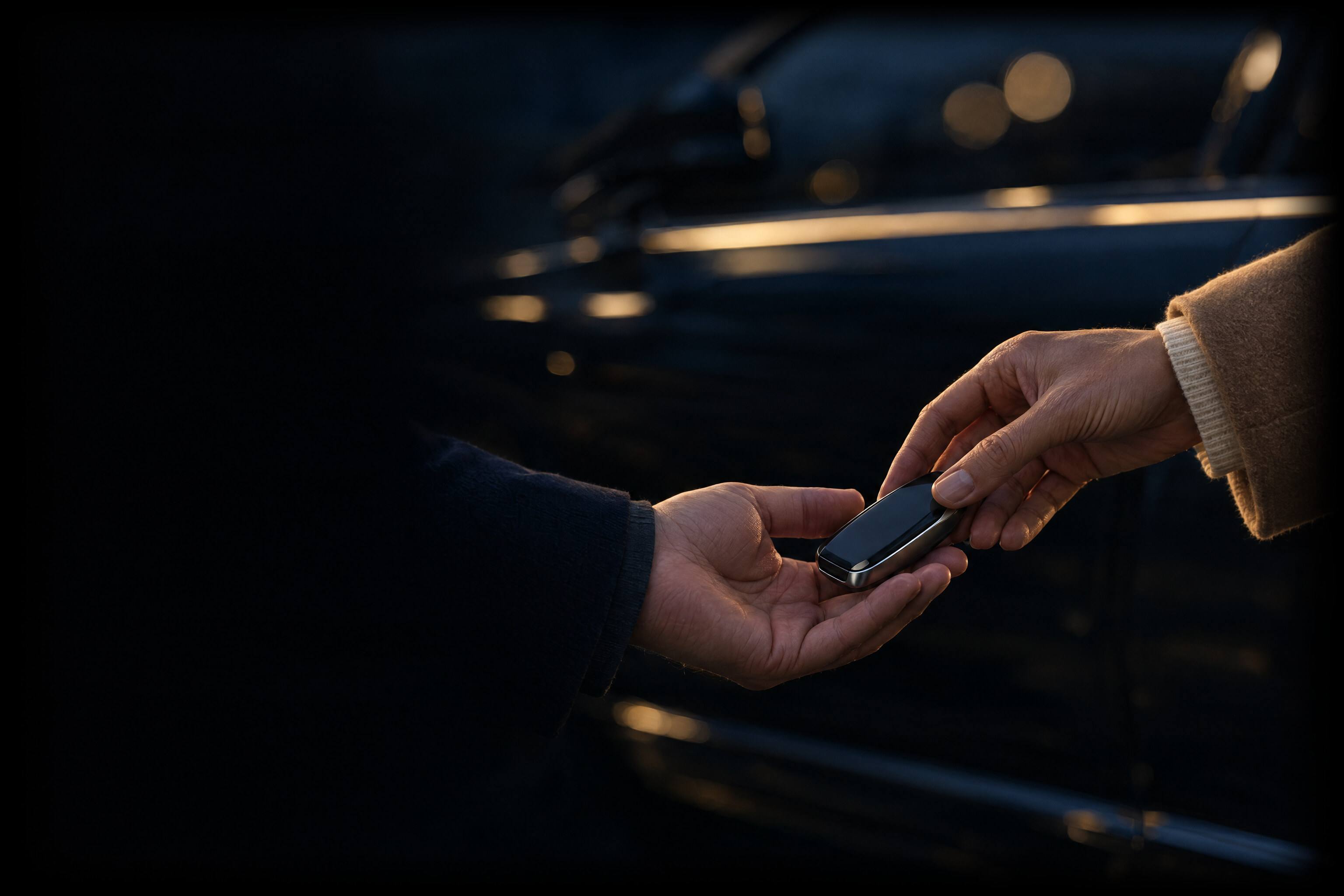 Immagine generata con intelligenza artificiale: consegna delle chiavi: una mano passa la chiave dell'auto nel palmo aperto di un'altra mano, accanto alla fiancata di un'auto scura.